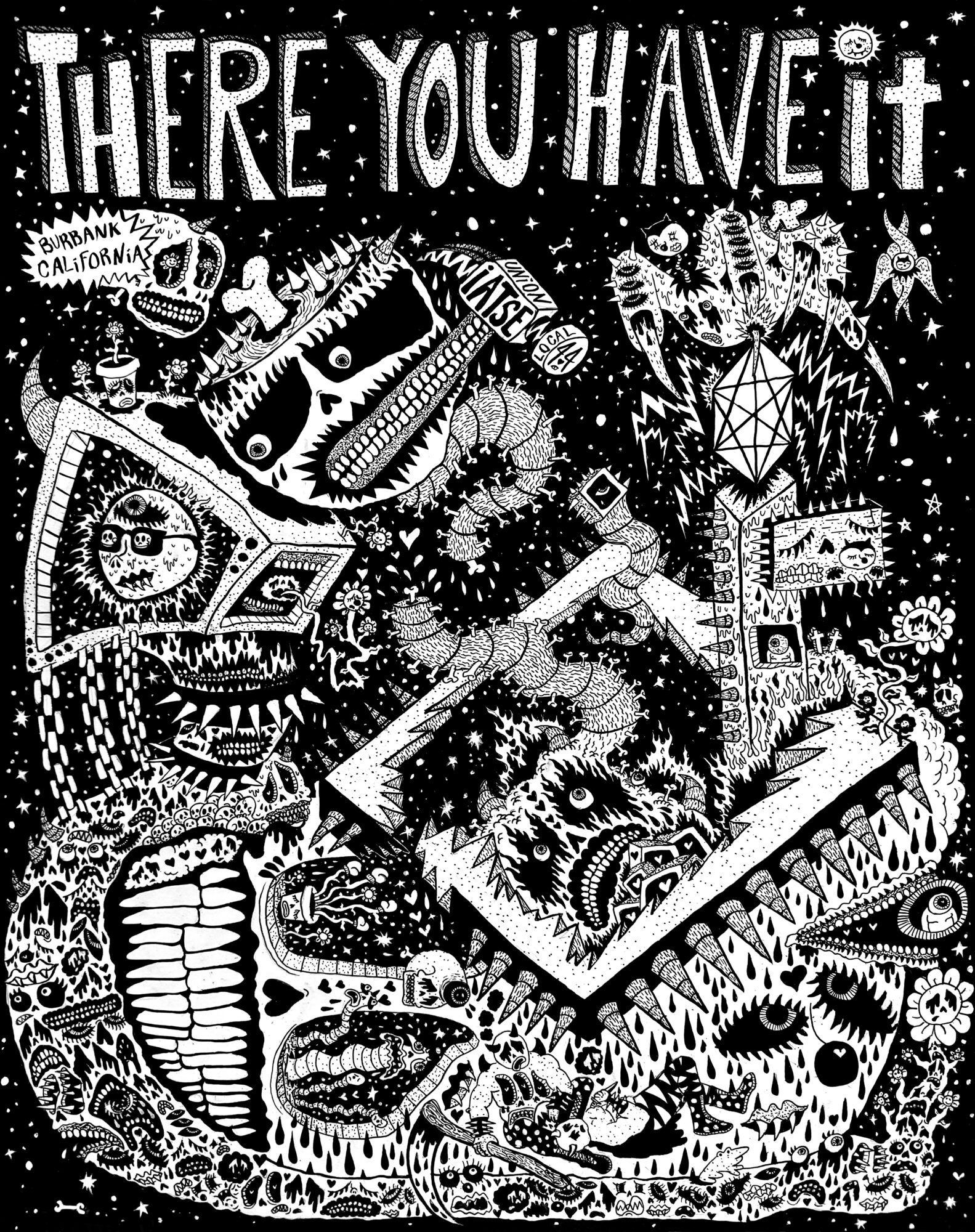 Black and white illustration with various monsters, skulls, and a person holding a sword, with text at the top.
