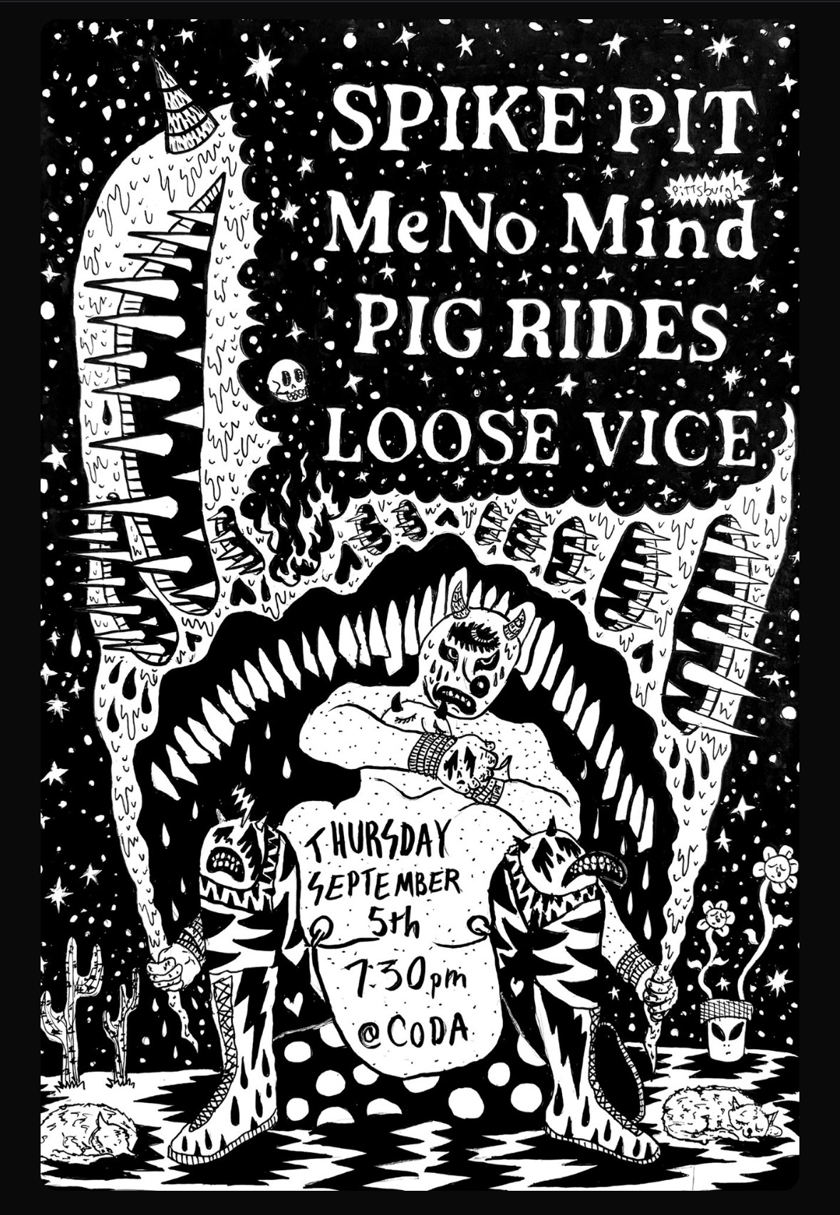 Black and white poster with a skeleton riding a pig under a starry sky, advertising a music event on Thursday, September 7 at 7:30 pm.