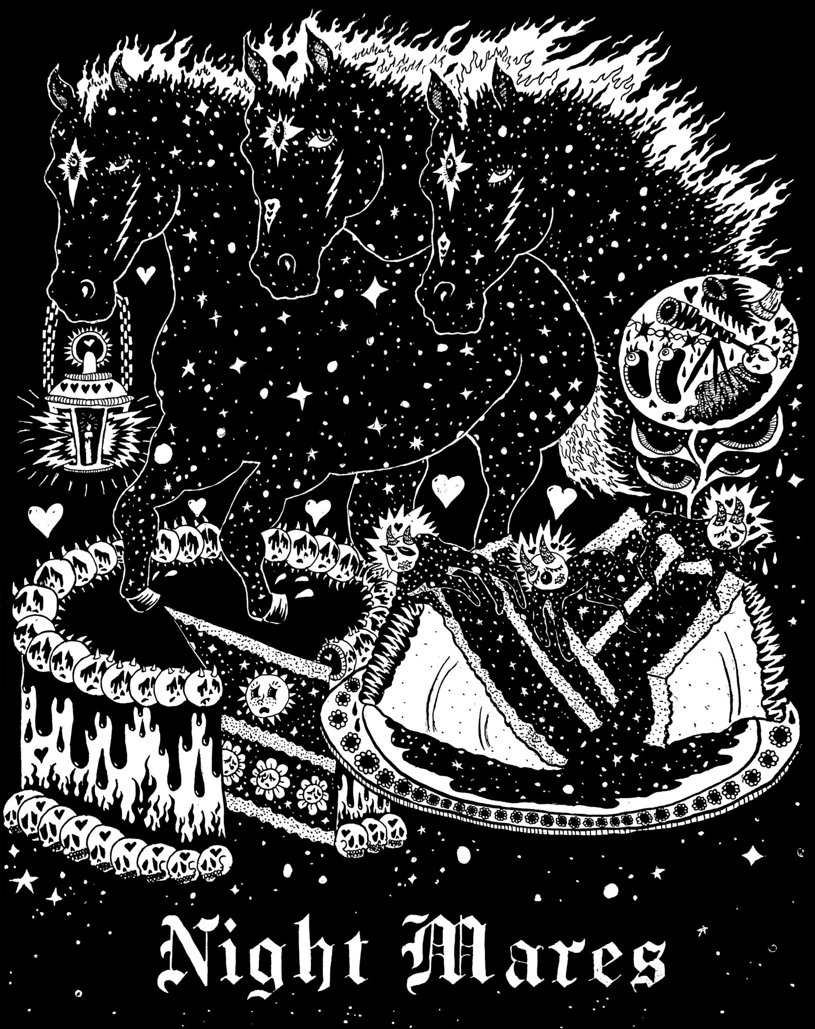 Three horses with starry night sky patterns on their bodies, surrounded by various objects and animals, with the text 'Night Mares'.
