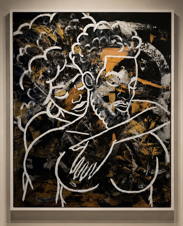 Abstract line drawing of two people with curly hair, one with a beard, on a dark textured background.
