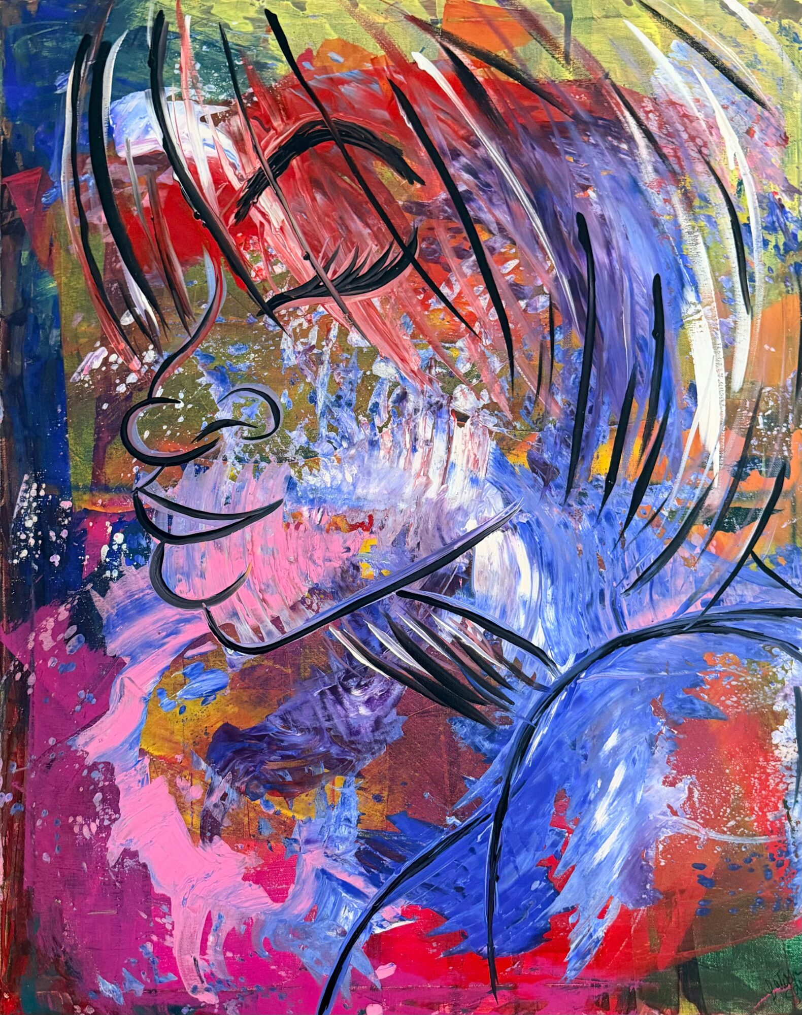 Abstract colorful painting with a line drawing of a person's face in profile, surrounded by vibrant brushstrokes.
