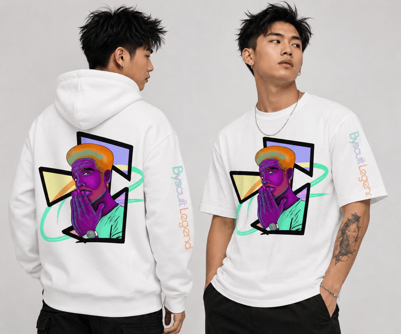 Two young men wearing white T-shirts with colorful graphic designs, one facing forward and the other with back turned, against a plain background.