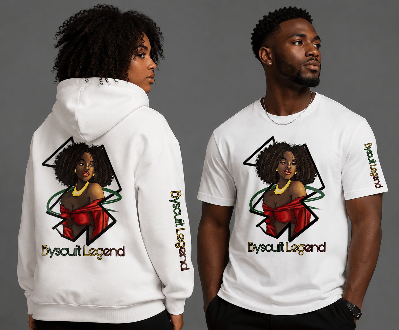 Two people wear white hoodies with a graphic of a woman in a red dress and the text 'Byscaut Legend'.