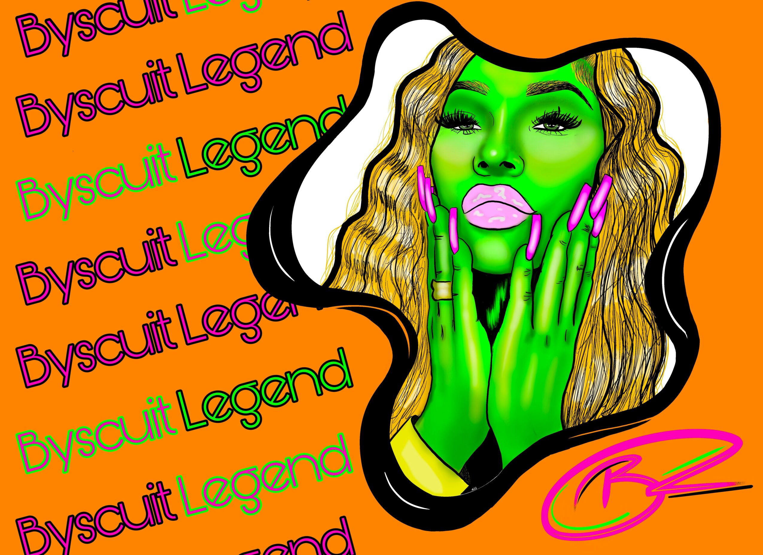 Colorful illustration of a woman with green skin, long blonde hair, pink lips, and purple earrings, touching her face.
