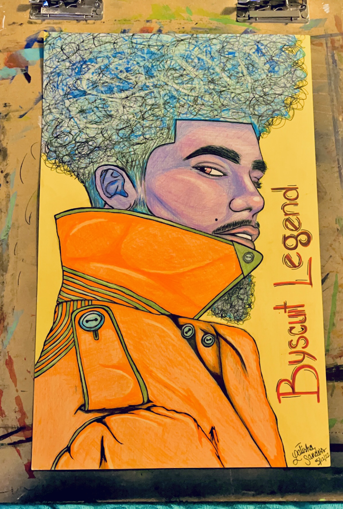 Portrait of a person with curly hair, wearing an orange jacket, against a yellow background with text. 20 words.