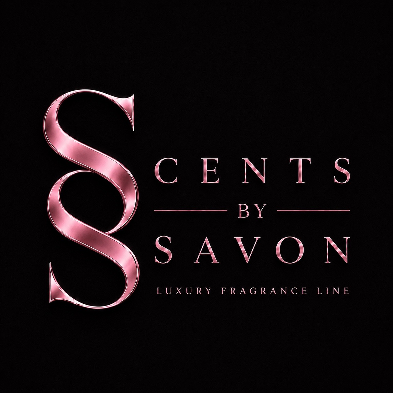 Logo with large pink stylized S, text 'Scents by Savon', and 'Luxury Fragrance Line' on black background.