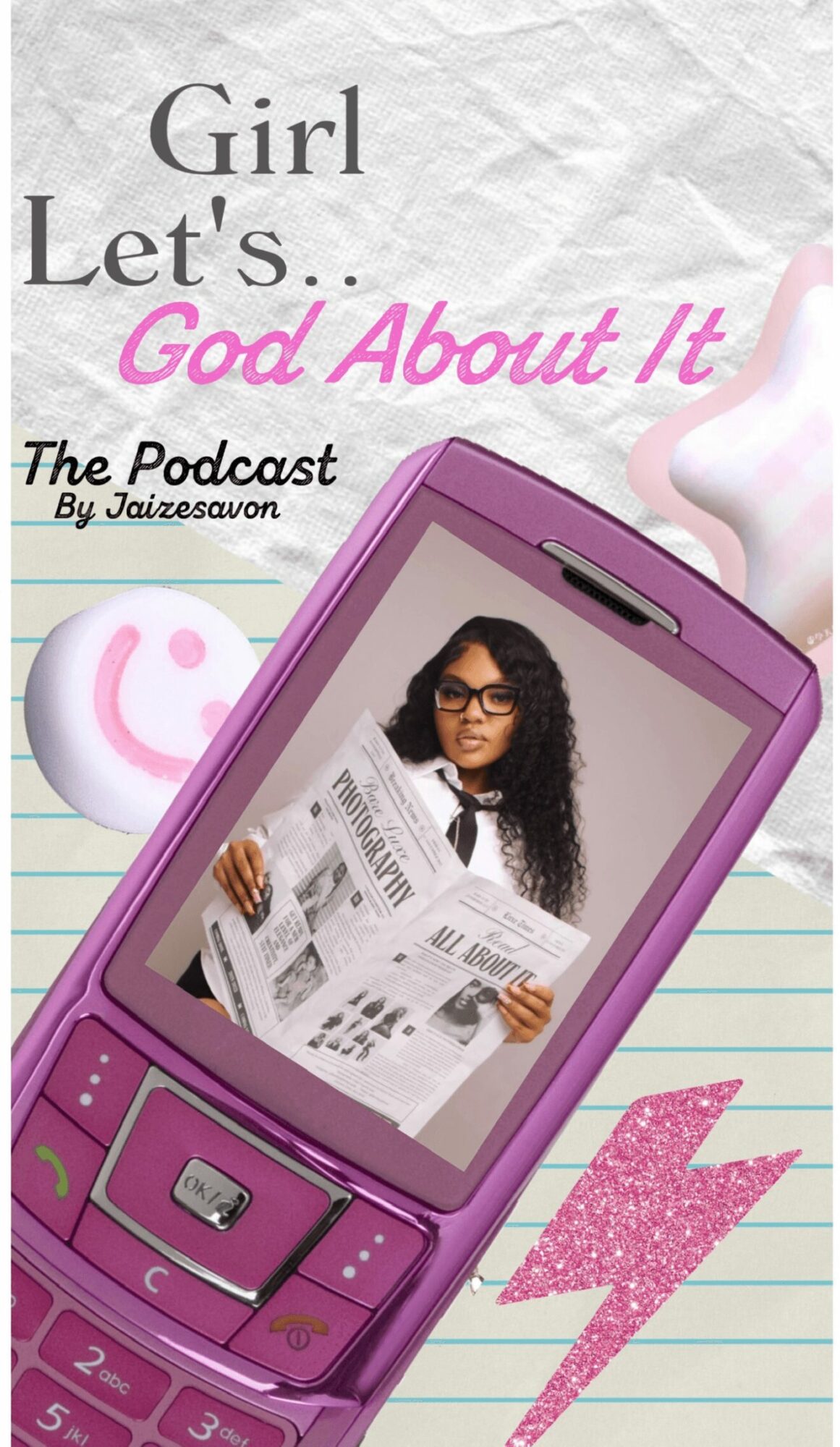 Girl with glasses holding newspaper on pink flip phone, background with pink lightning bolt and text, lined paper design.