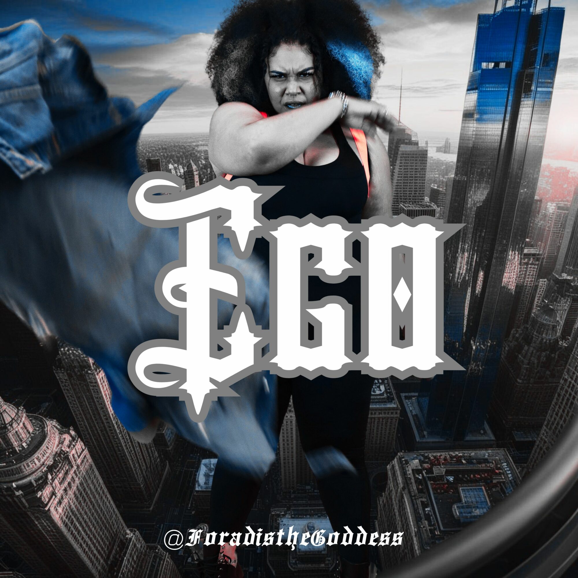 Woman with curly hair in front of city skyline, holding a flag, with text 'IG0' and '@dradisthgoddess'.