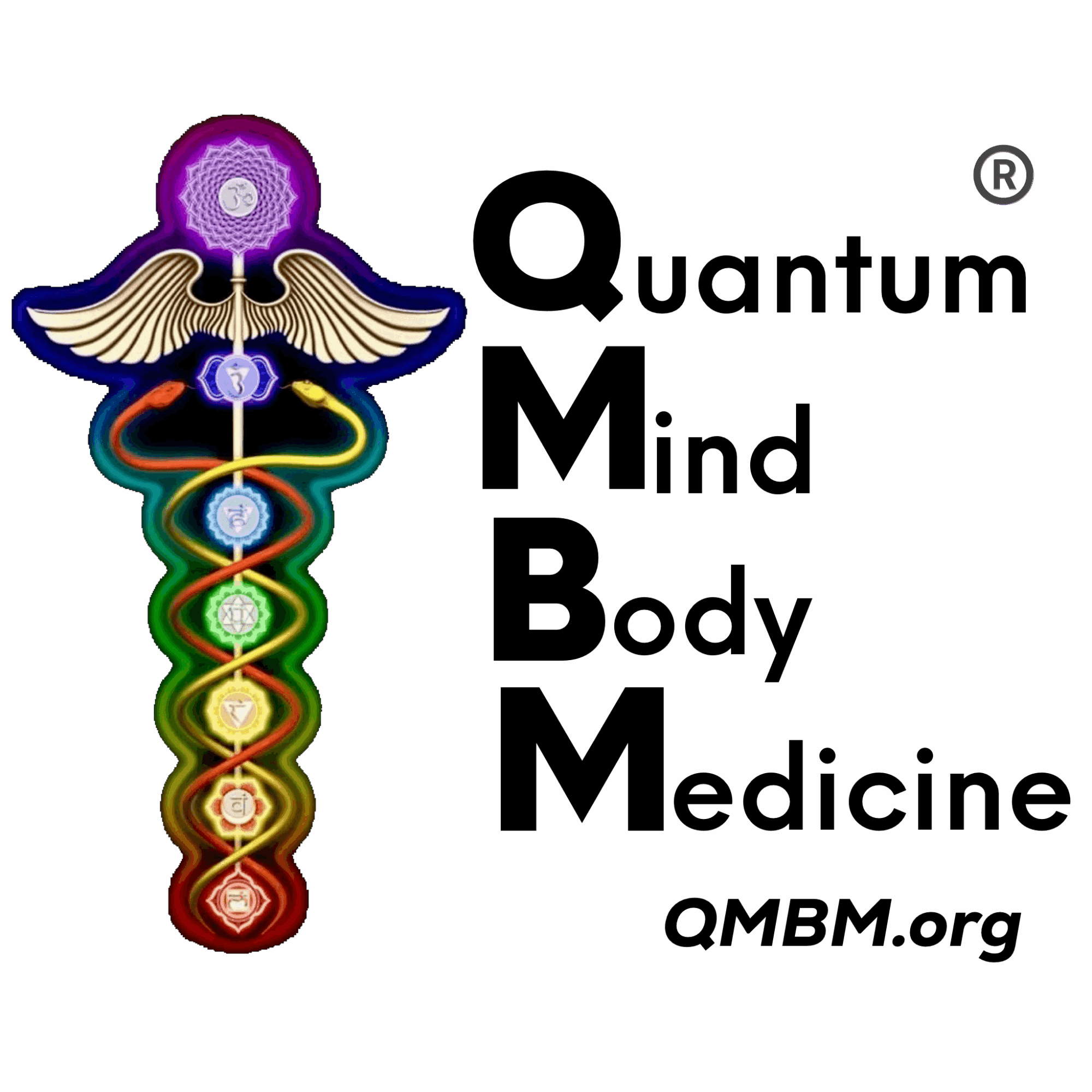Colorful vertical symbol with a winged figure and seven chakra symbols, against a black background.
