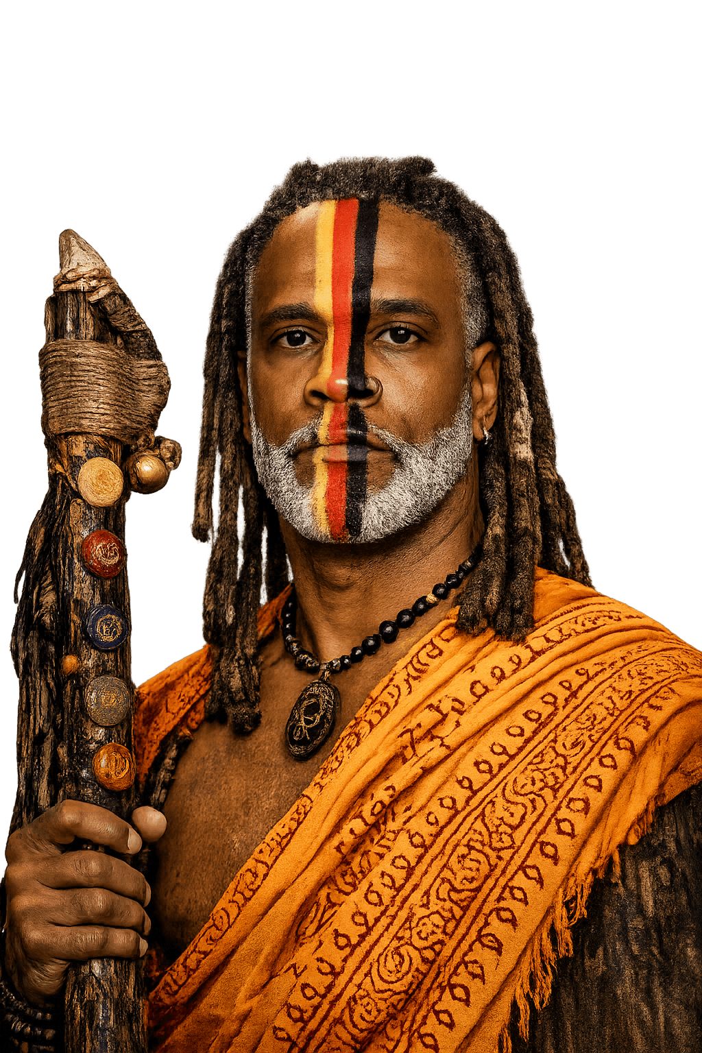 Man with traditional face paint, wearing orange clothing, holding a staff, against a black background.