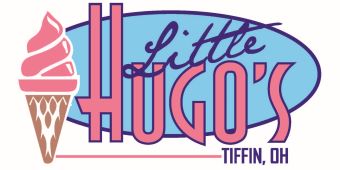 Logo for Little Hugo's ice cream shop in Tiffin, Ohio, with ice cream cone and stylized text.
