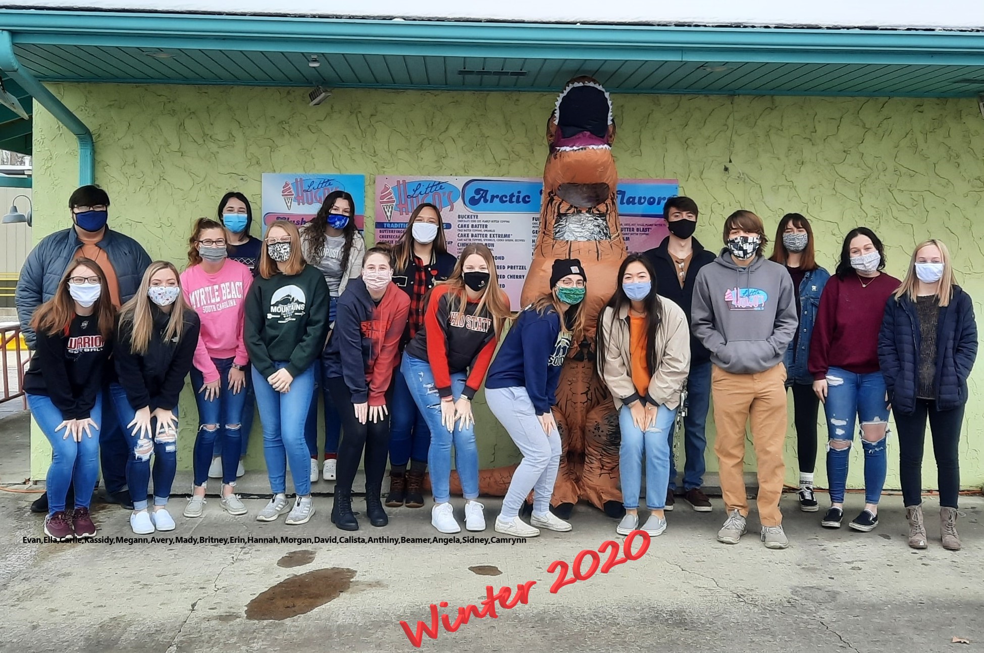 Group of people standing outdoors in front of a green wall, some on a ladder, all wearing masks, winter 2020.