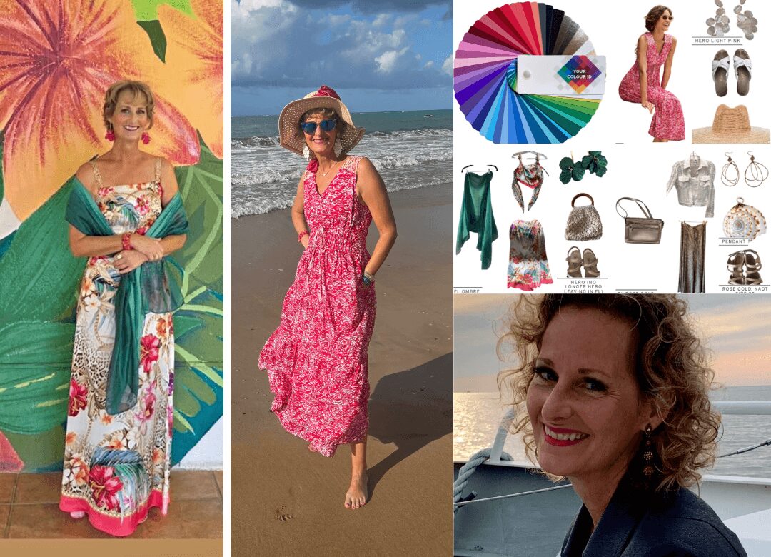 Woman in pink floral dress on beach, woman in colorful dress with tropical background, woman smiling in car, collection of fashion accessories