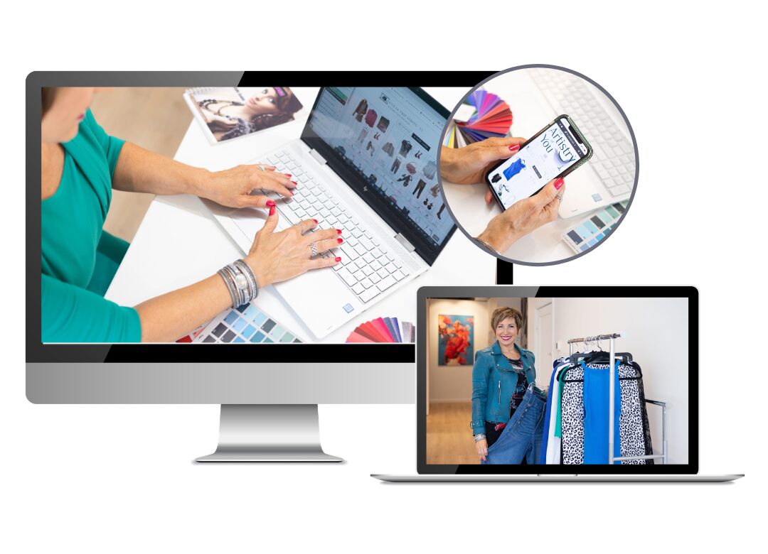 Person working on a laptop with a graphic design on the screen, holding a smartphone, and a woman with luggage on a laptop screen.
