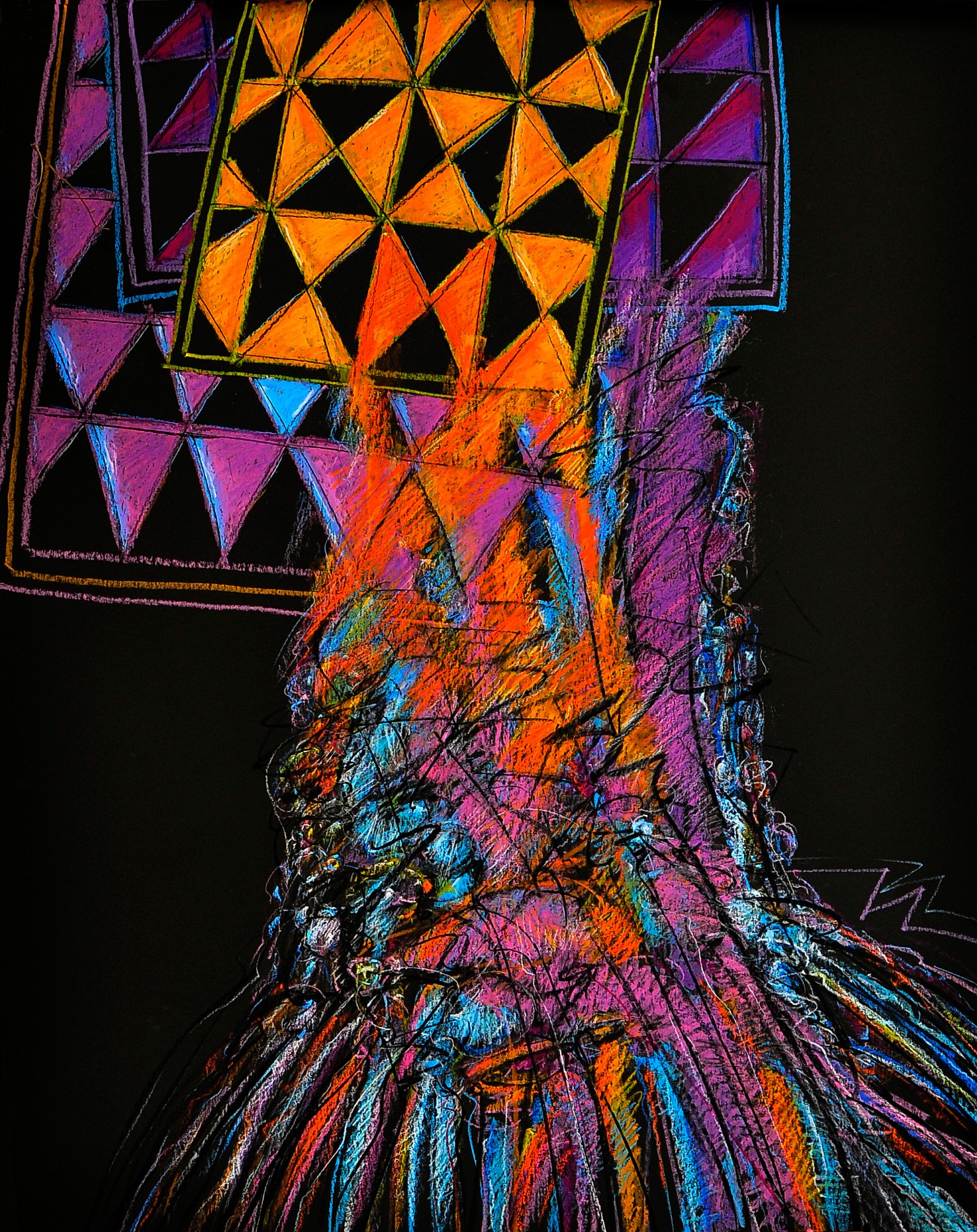Abstract artwork with colorful geometric shapes and scribbles on a black background.