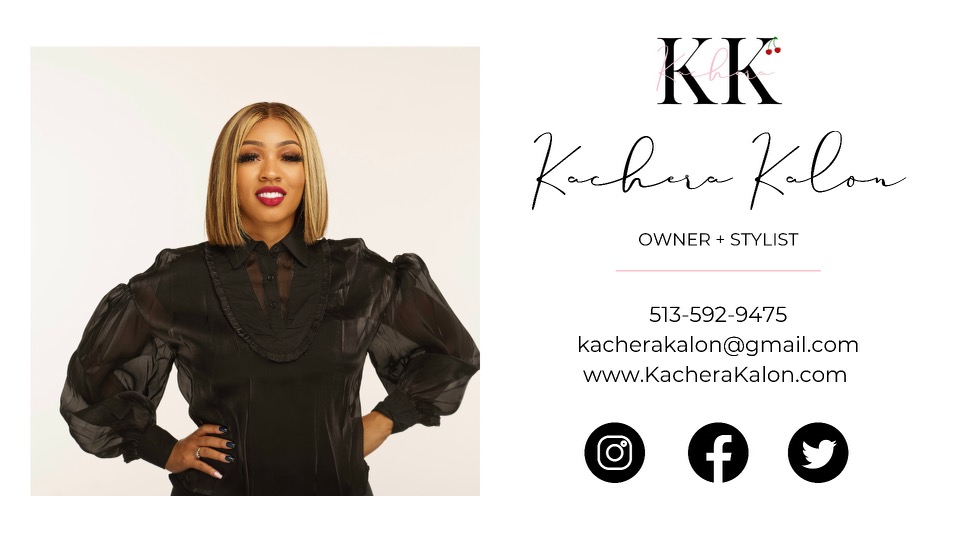 Business card with a woman in black outfit, contact info, and social media icons, on a white background.