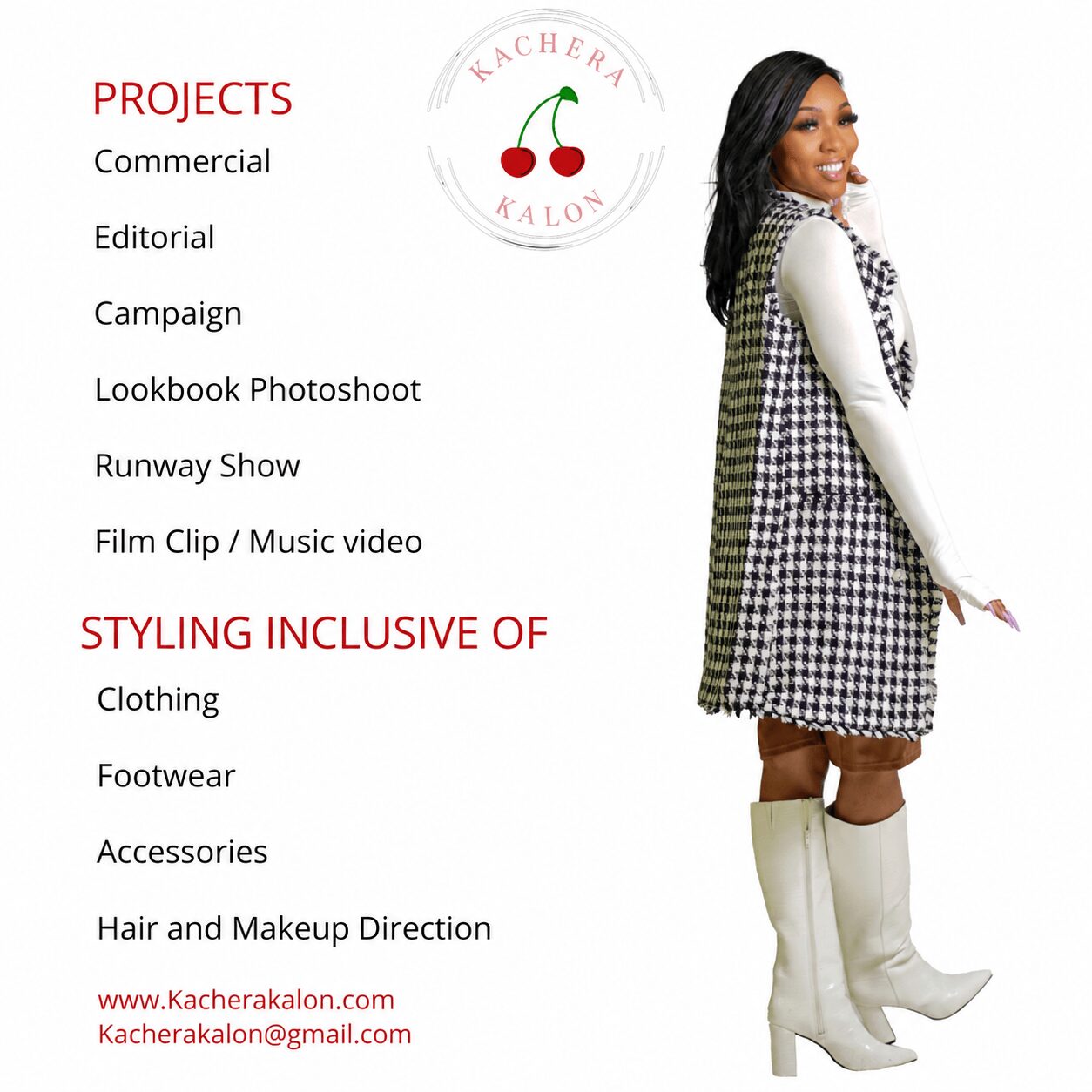 Woman in white boots and checkered dress standing next to a list of projects and styling categories.