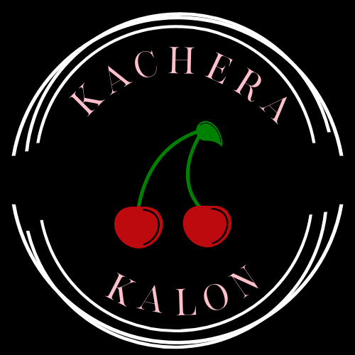 Logo with cherries, the words 'KACHERA' and 'KALON' in pink, and white circular lines on black background.