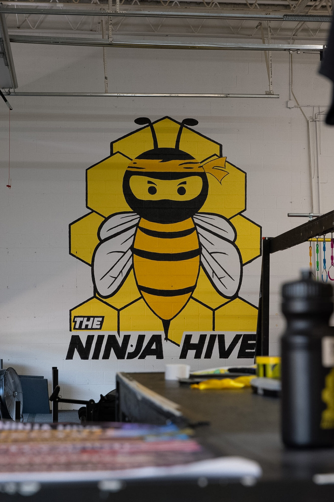 Bee mascot with honeycomb background and text 'The Ninja Hive' on a wall.