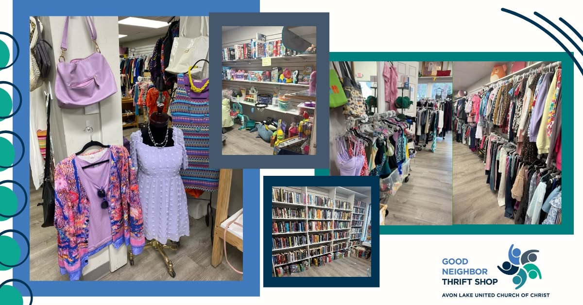 Clothing and book displays in thrift shop with racks of clothes and shelves of books, interior view, organized space.