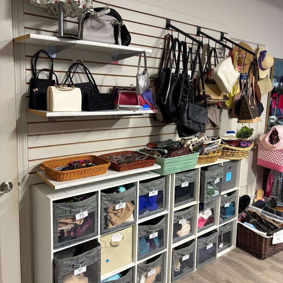 Display of handbags, backpacks, and accessories on shelves and hooks in a retail store.