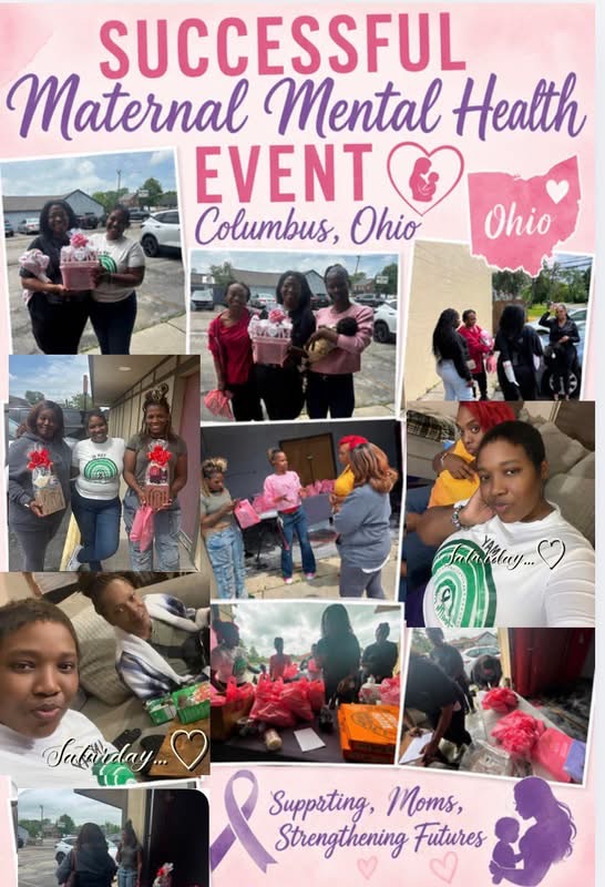 Collage of photos from a maternal mental health event in Columbus, Ohio, with people, children, and pink-themed decorations.