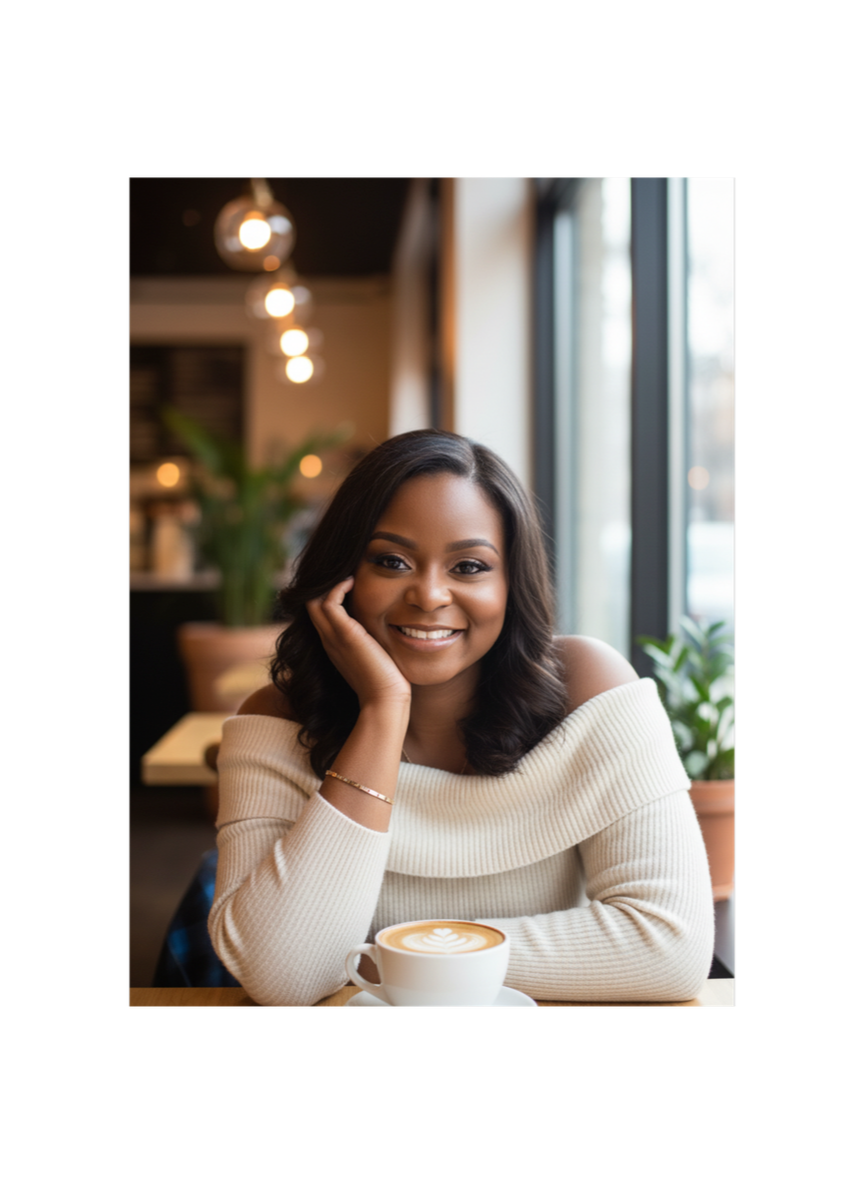 Smiling woman with dark hair sitting at a table in a cafe, near a window with plants and warm lighting.