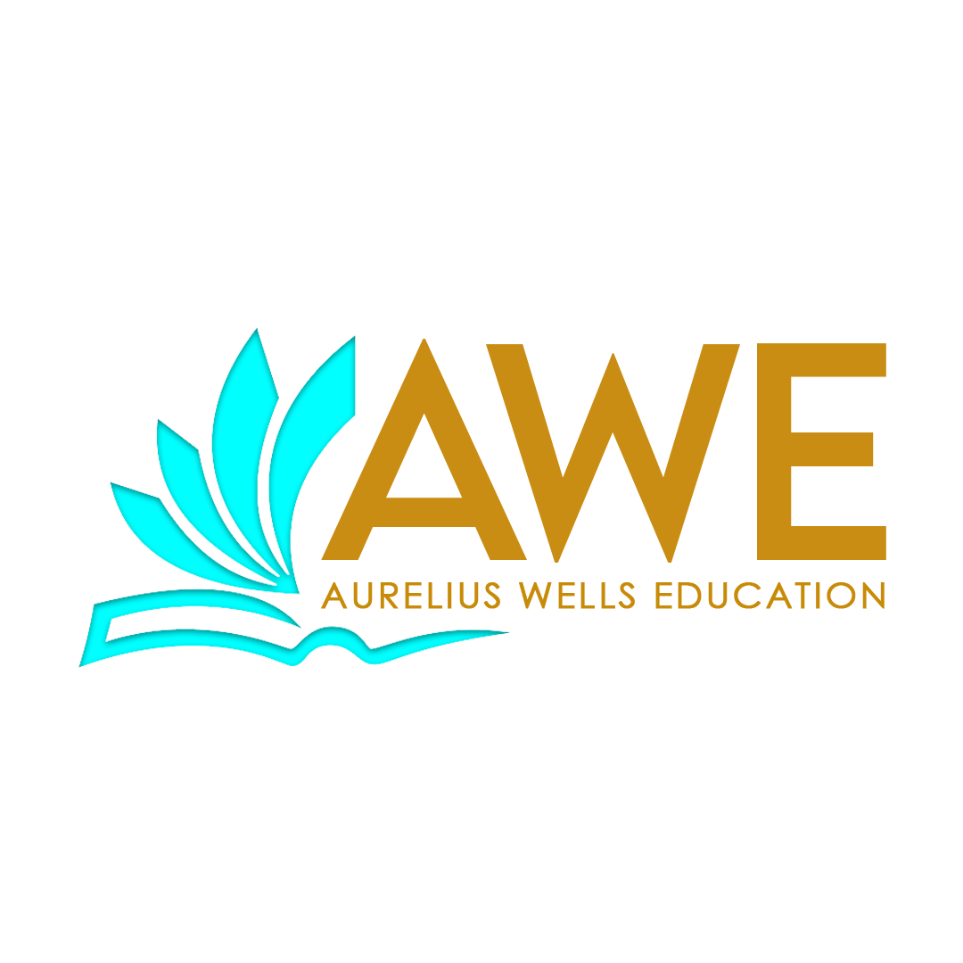Logo with blue leaves, open book, and gold text reading 'AWE' and 'Aurelius Wells Education'.