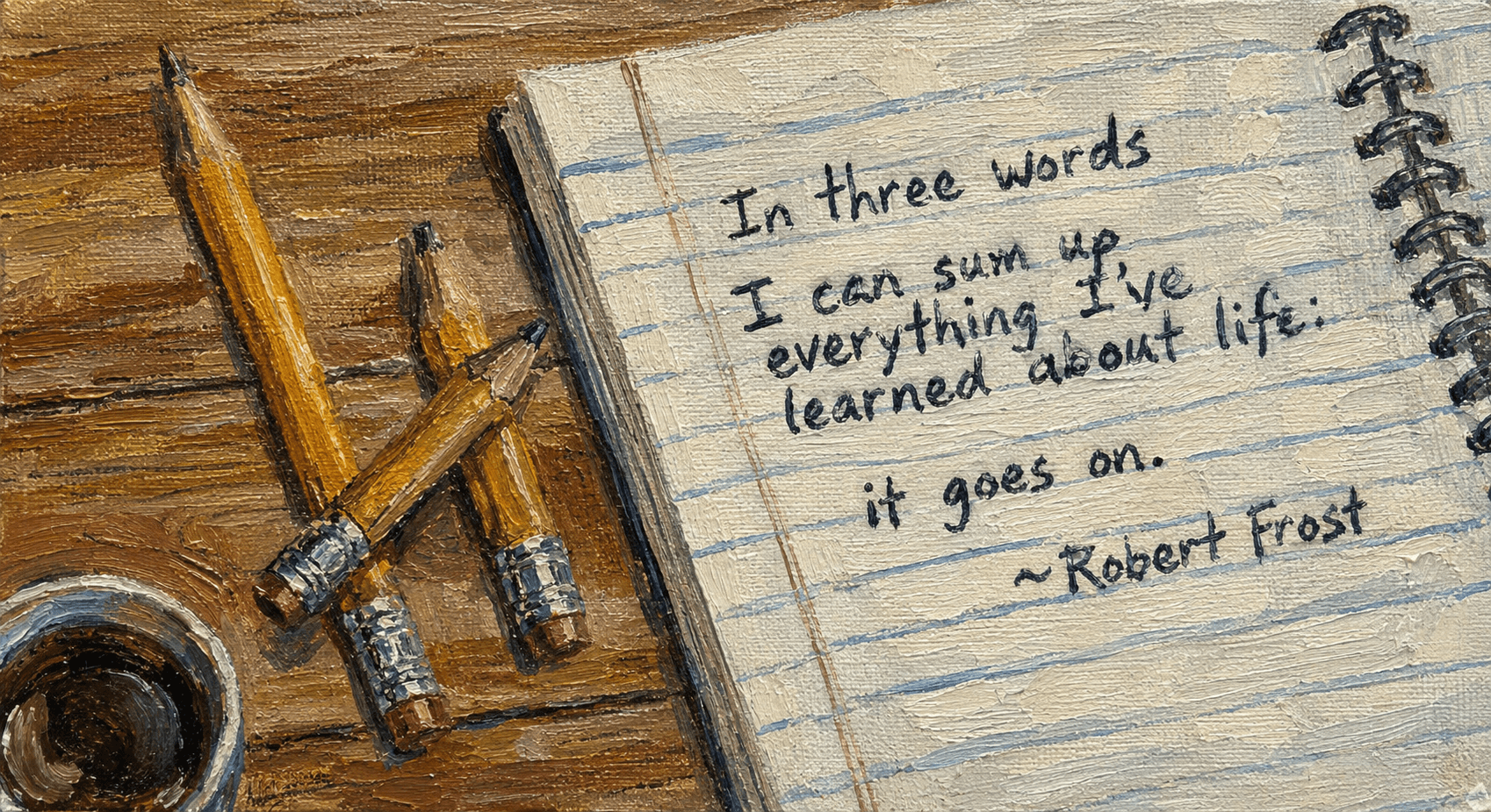 Open notebook with handwritten quote on a wooden surface, surrounded by pencils and a small container.