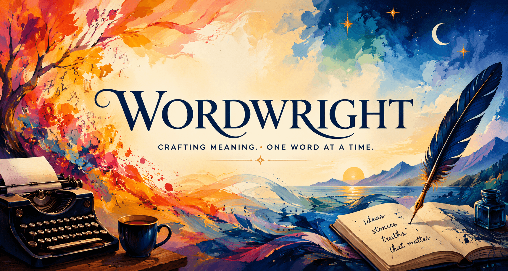 Colorful landscape with a typewriter, coffee mug, open notebook, and quill pen, with a sunset and night sky background.