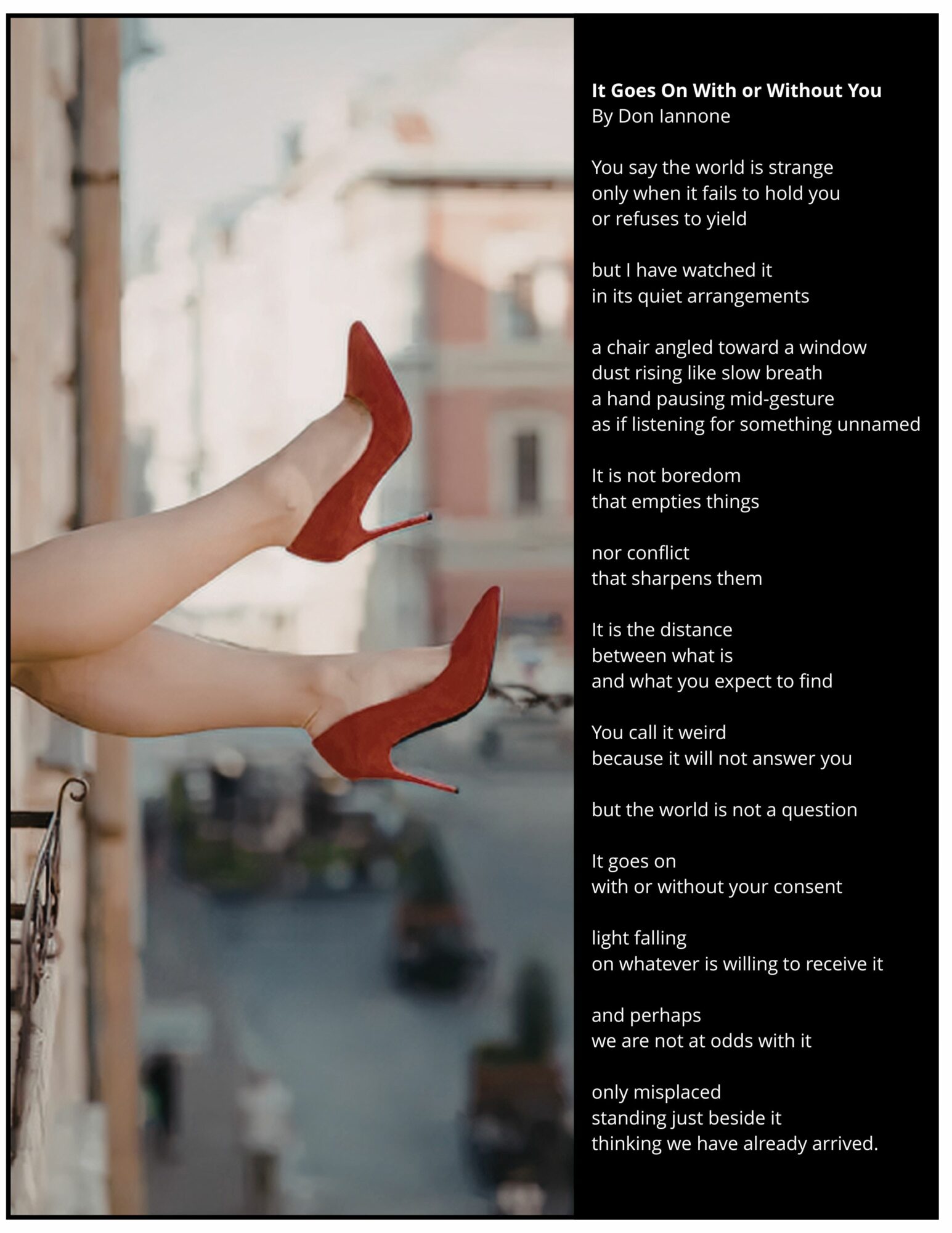 Person's legs in red high heels with feet crossed, hanging outside a window, with a city street below and a poem on the right.