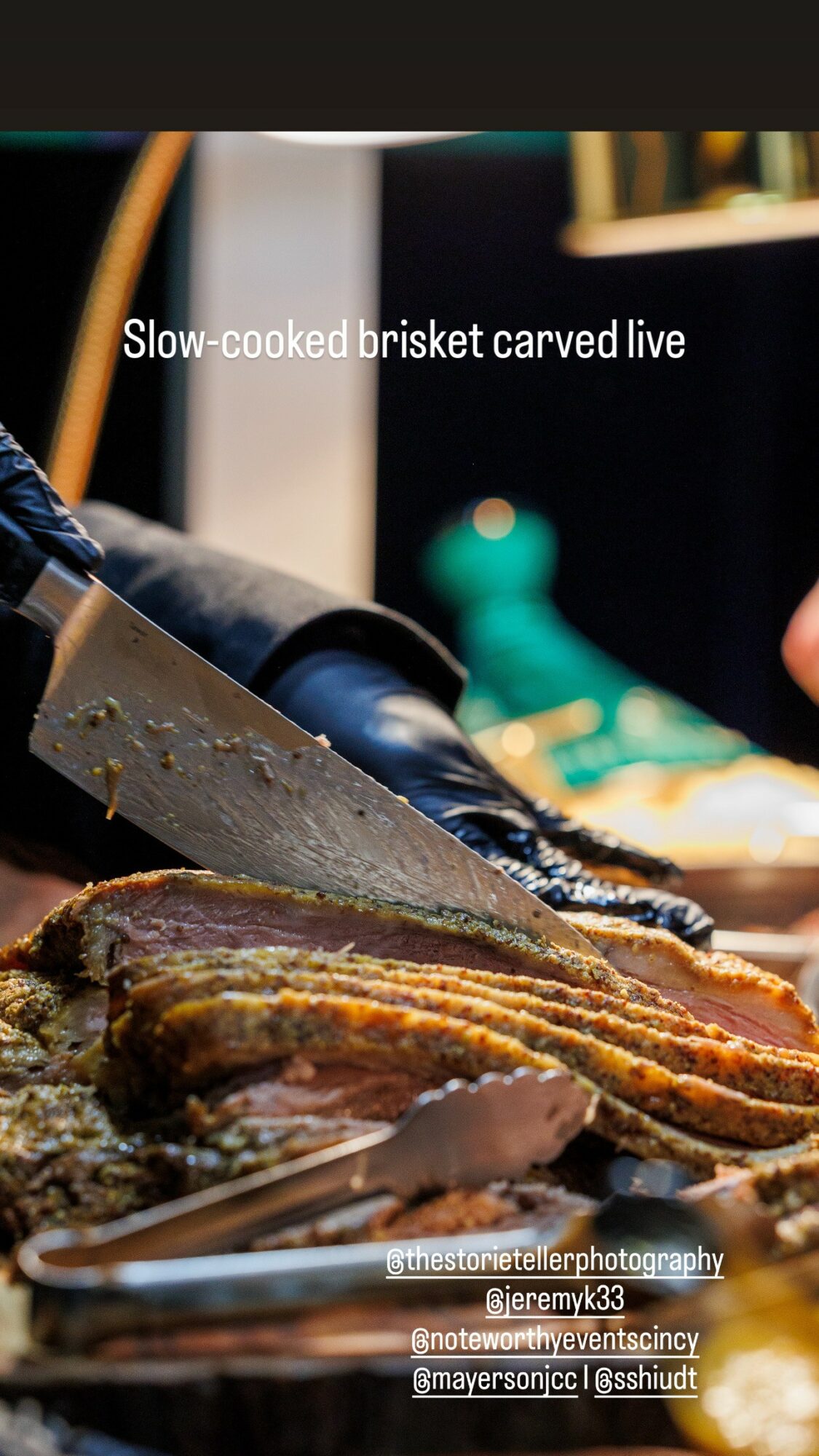 Close-up of sliced brisket being carved with a knife, with a blurred background and text overlay.