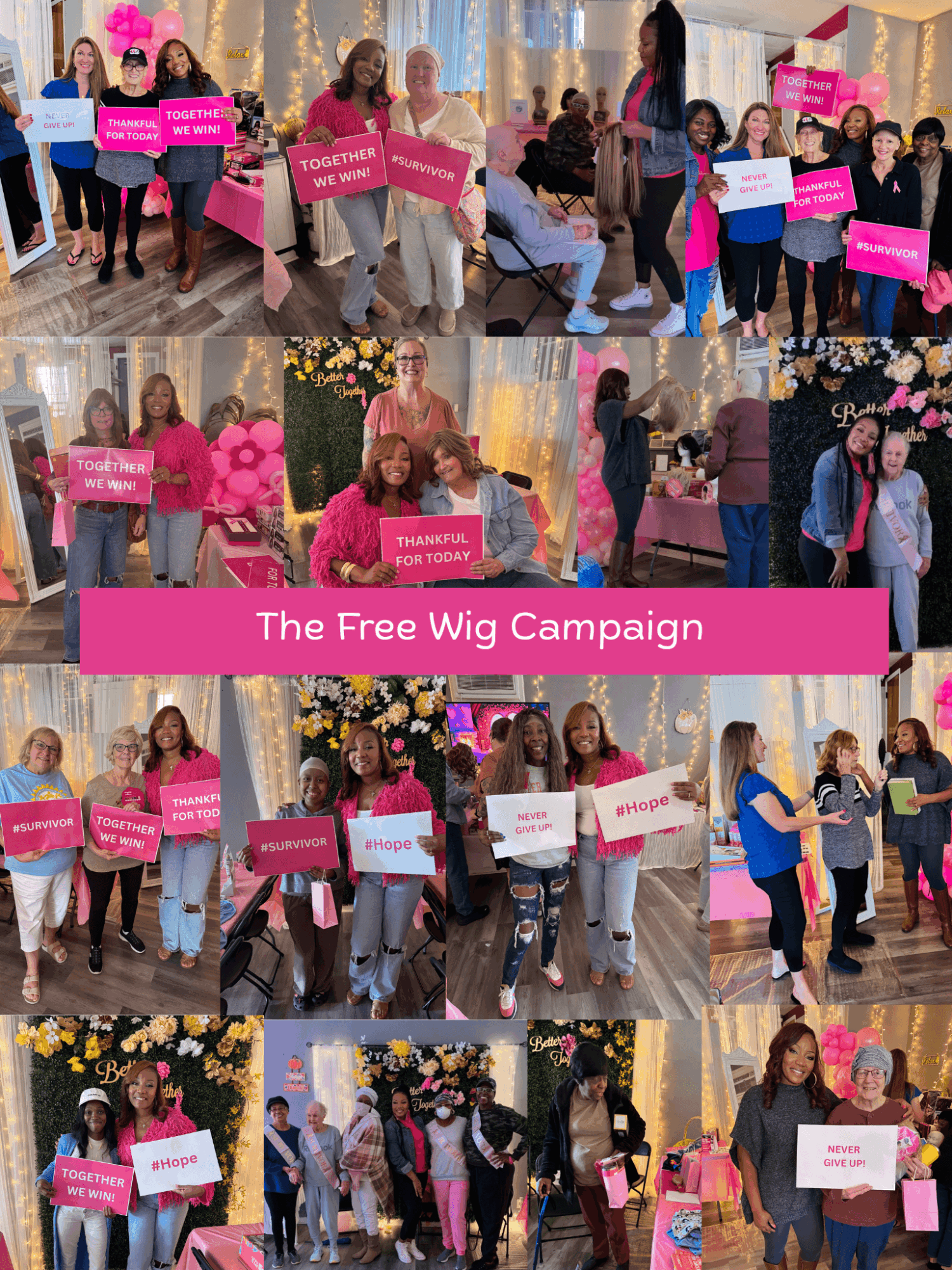 Group of women holding pink signs at an indoor event with floral decorations, promoting a wig campaign.
