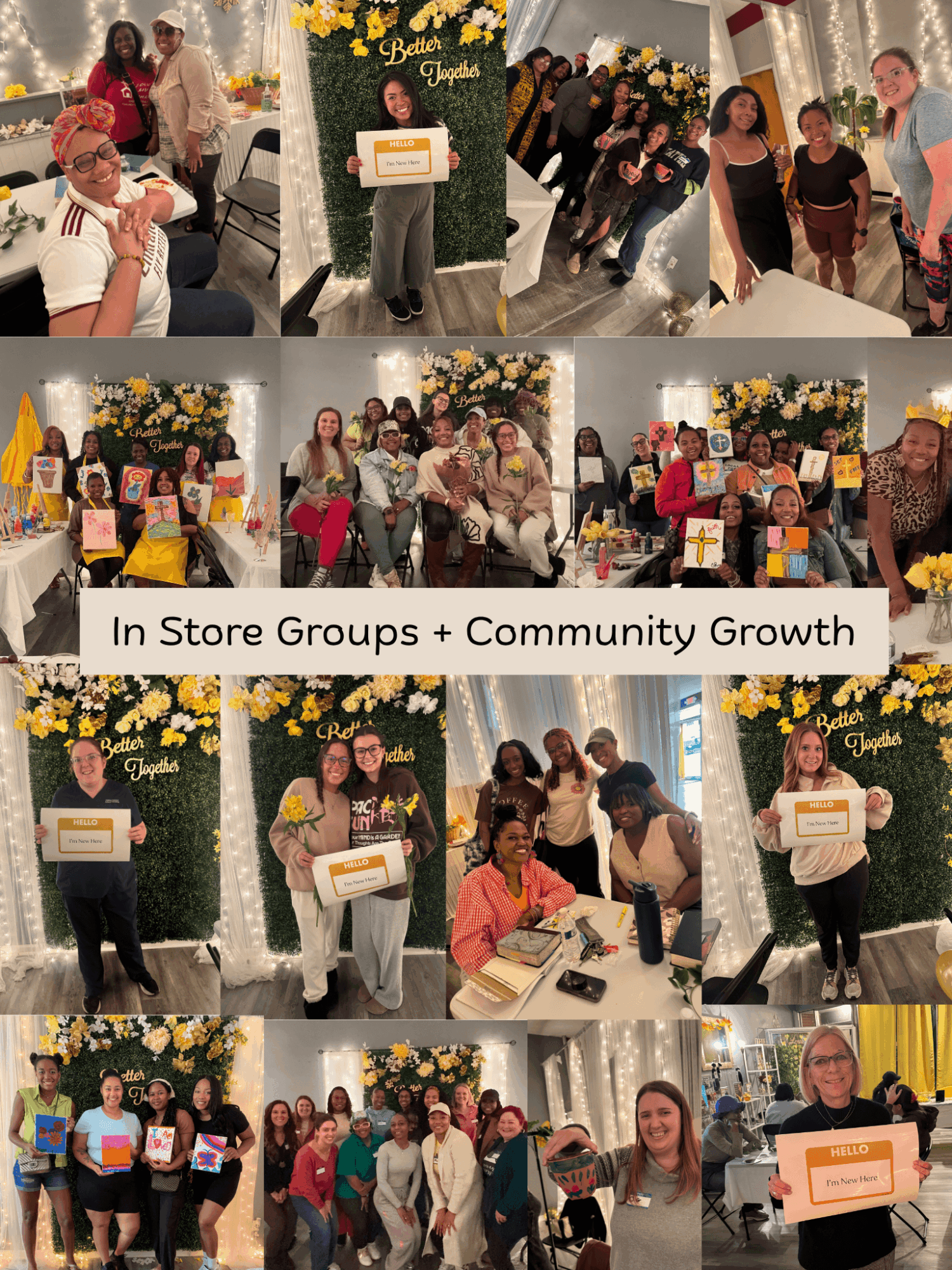 Group of people at community event with flowers and signs, some holding certificates, in a decorated indoor space.