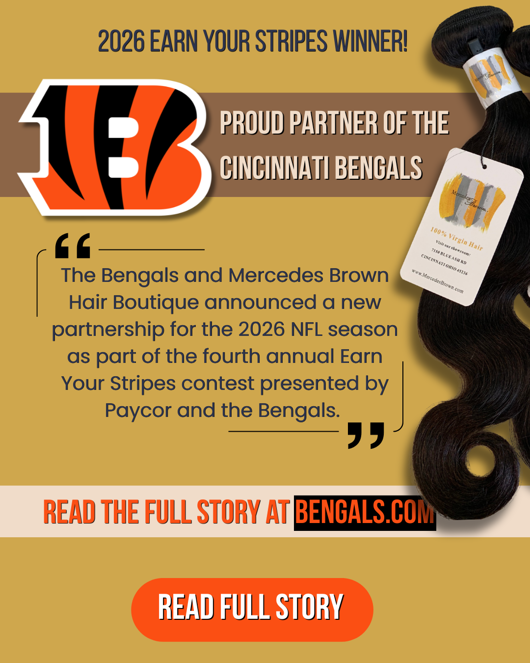 Cincinnati Bengals logo with hair extensions and a bottle, promoting partnership and a story about the Bengals and Mercedes Brown Hair Boutique.