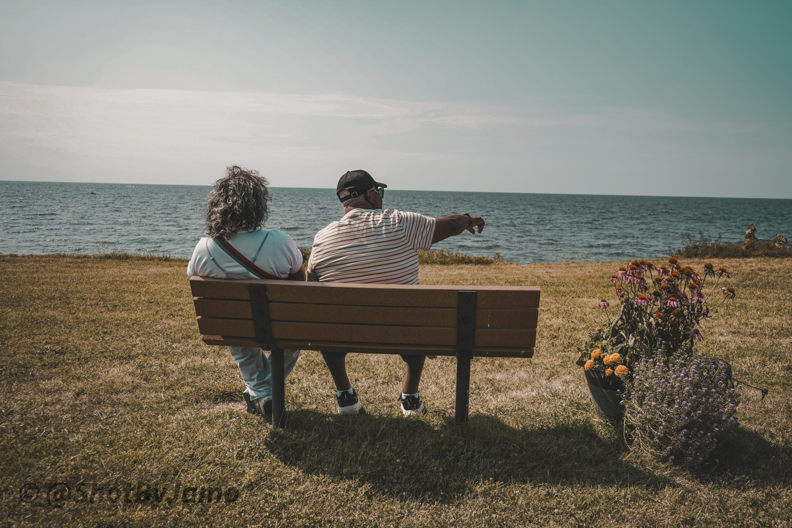 Two people sit on a bench facing the ocean, with flowers nearby, under a clear sky.
