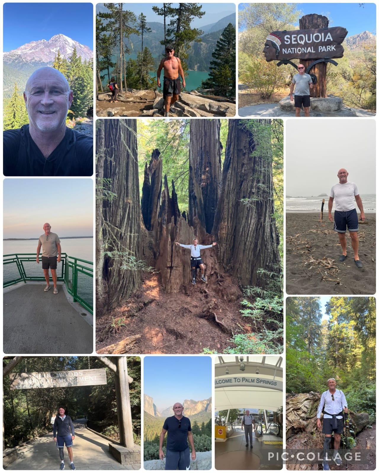 Collage of people outdoors at various scenic locations, including mountains, forests, and parks, with some standing near signs and nature views.