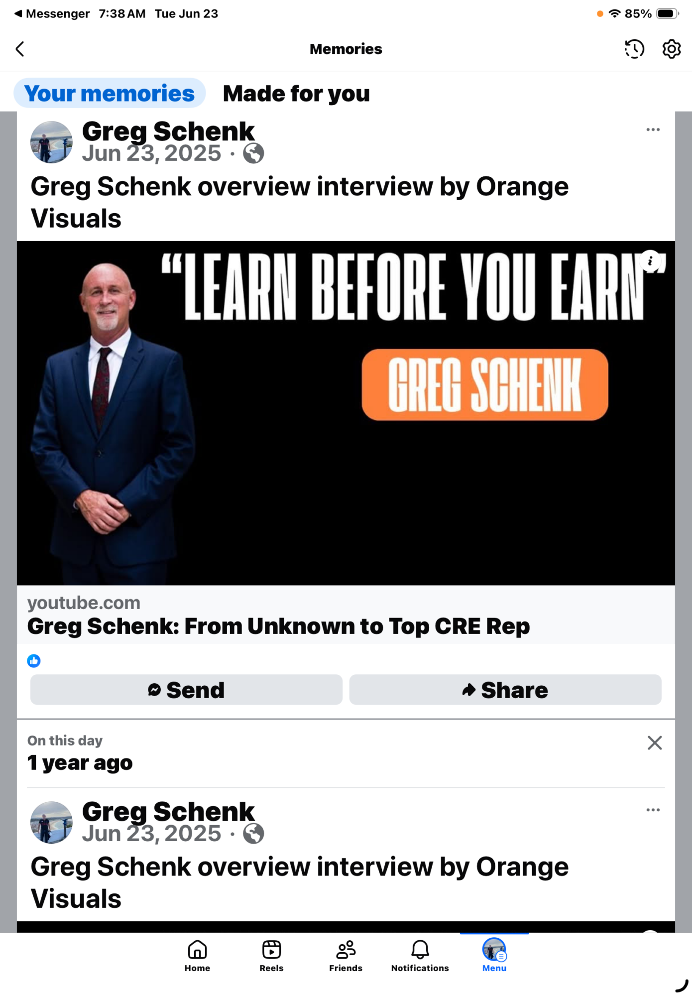 Thumbnail of a video interview with Greg Schenk, showing a man in a suit, with text about learning and earning.