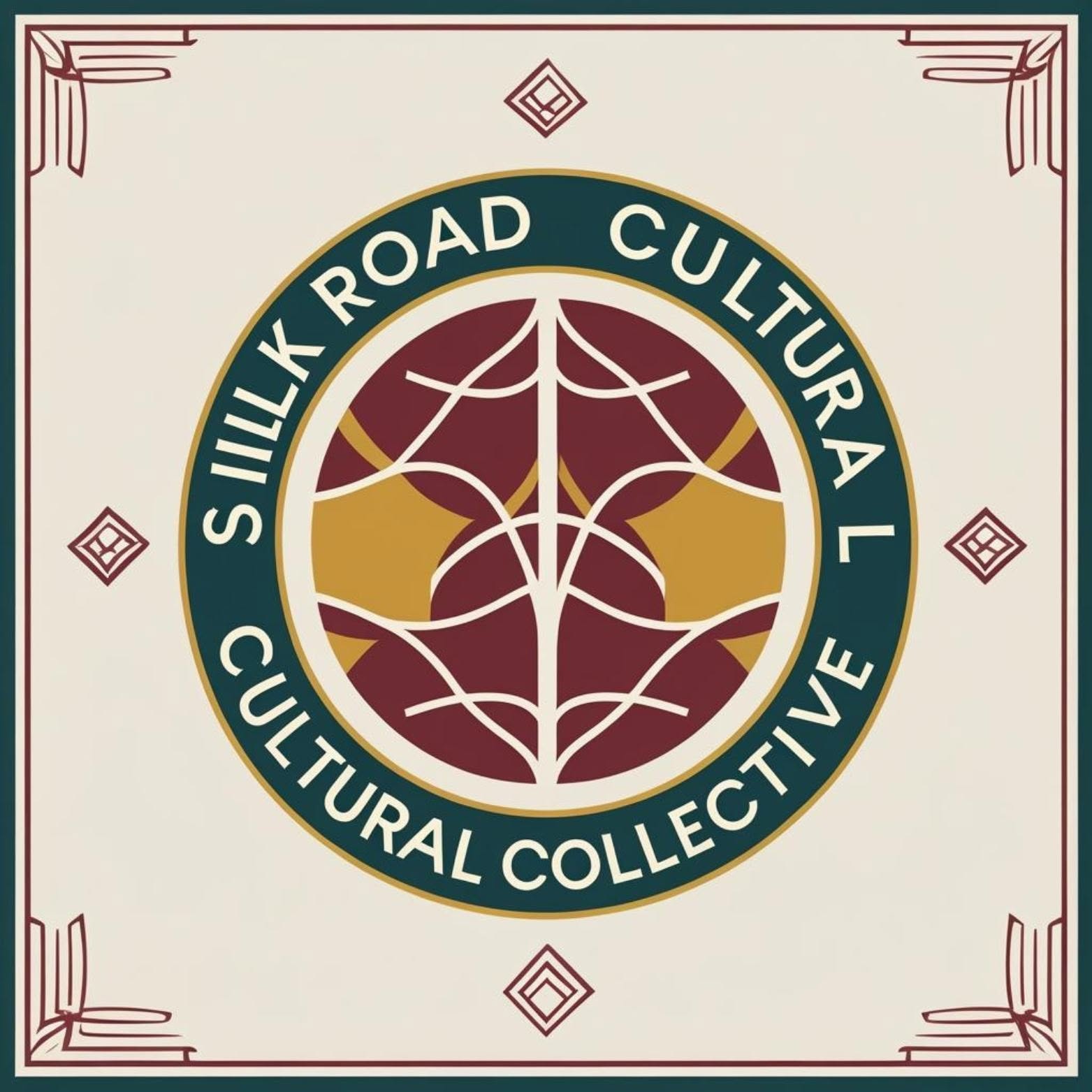 Logo with circular text 'SILILK ROAD CULTURAL COLLECTIVE' surrounding a symmetrical design, with decorative border elements.