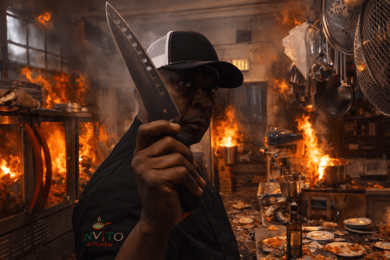 Person holding a large knife in a kitchen with fires and smoke, wearing a cap and dark clothing.