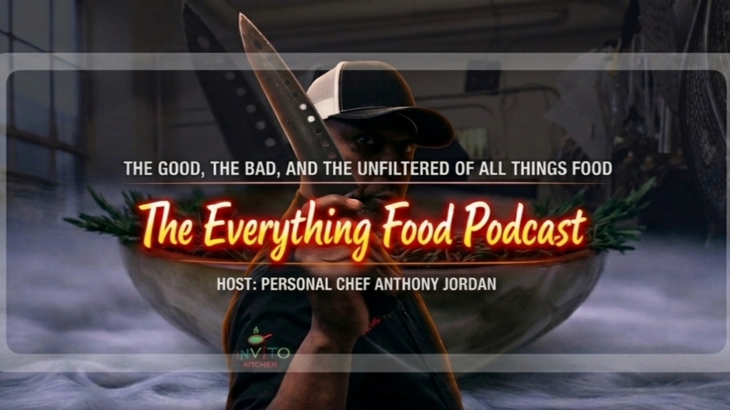 Podcast cover with a spoon, text about food podcast, host's name, and a dark background.