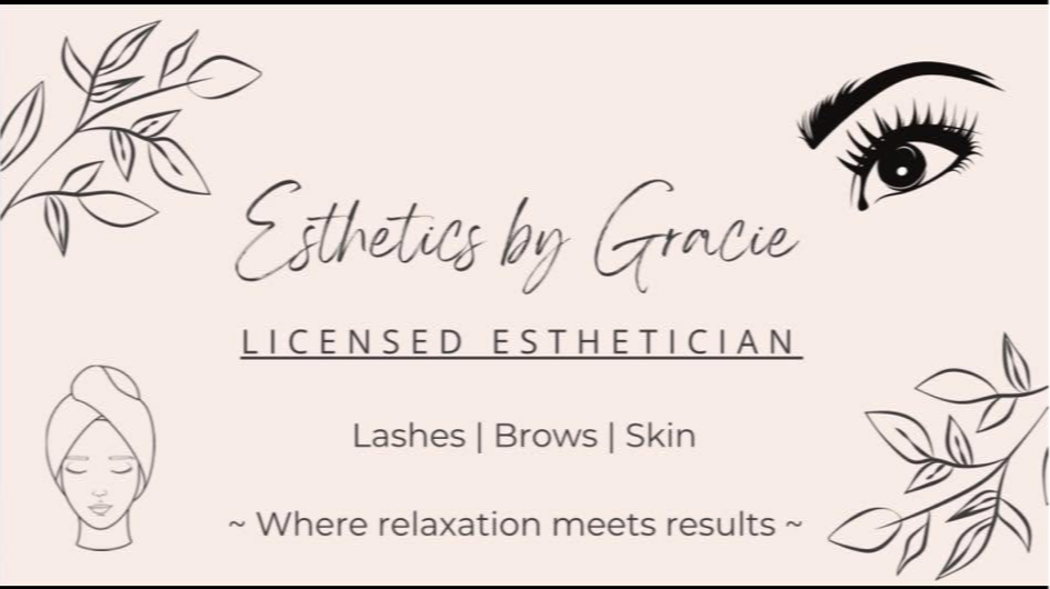 Business card for Esthetics by Gracie, licensed esthetician, with eye and leaf illustrations, and text about services and relaxation.