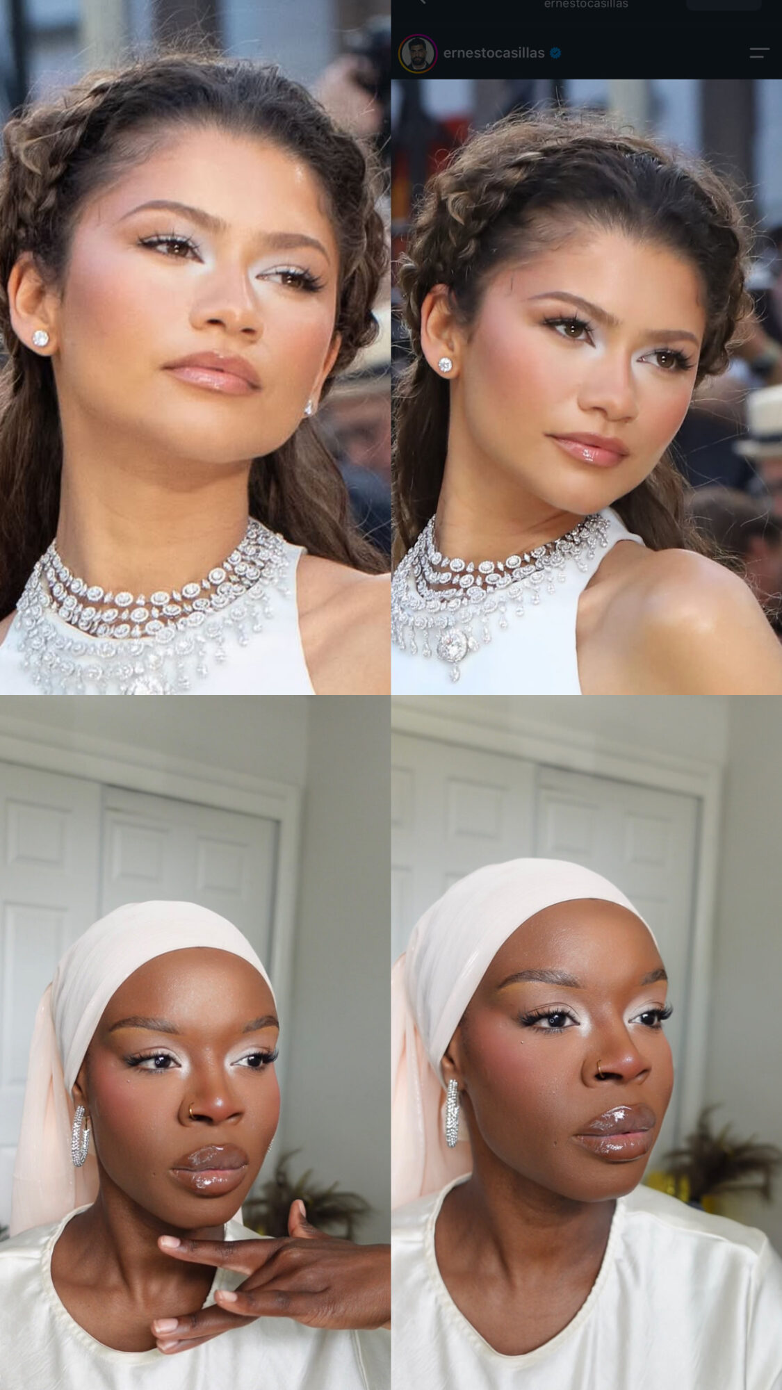 Two women with makeup and jewelry, wearing white headscarves, posing indoors. Two women with makeup and jewelry, wearing white headscarves, posing indoors.