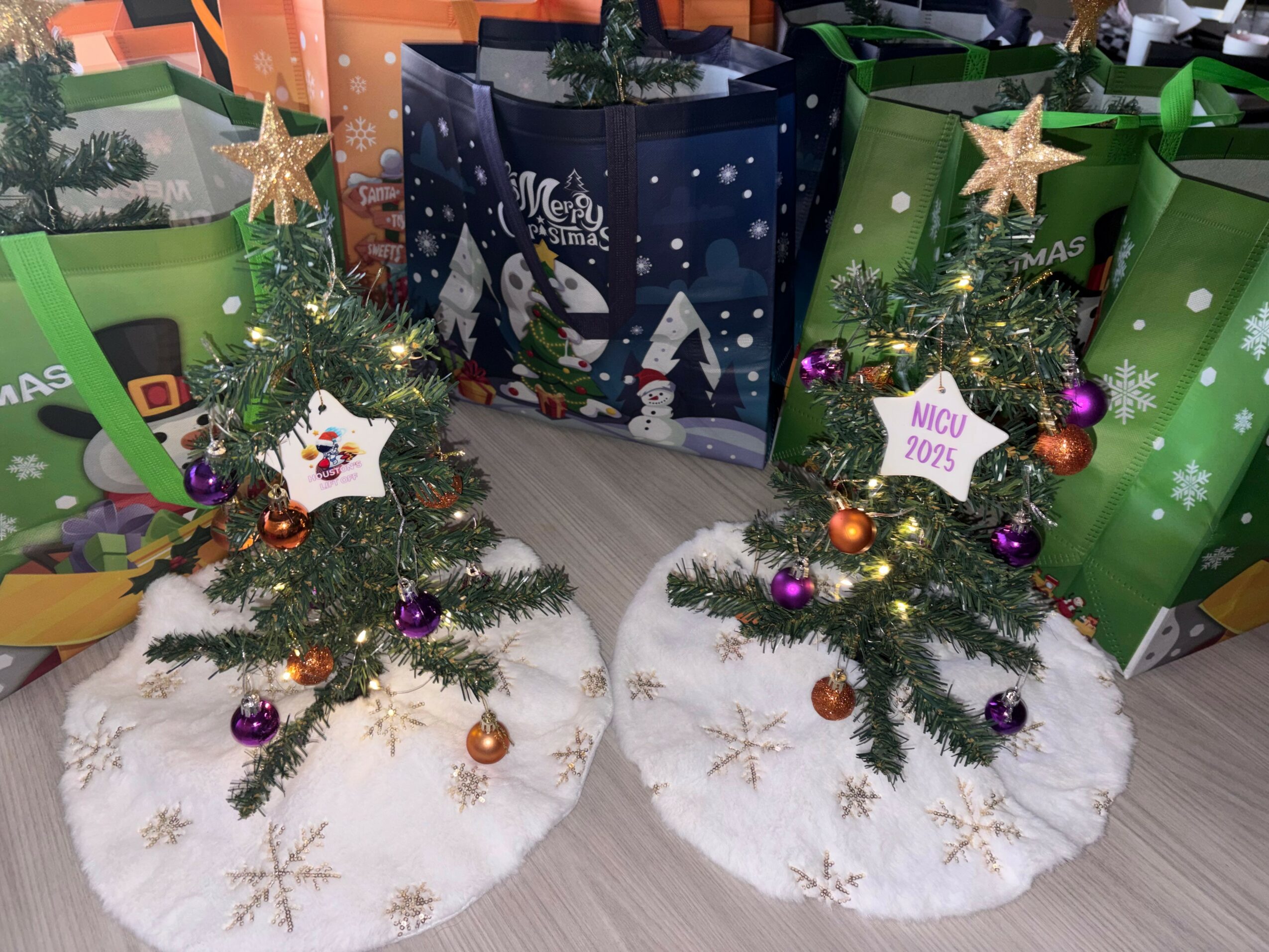 Two decorated Christmas trees with ornaments and star toppers, surrounded by gift bags, on a wooden floor.