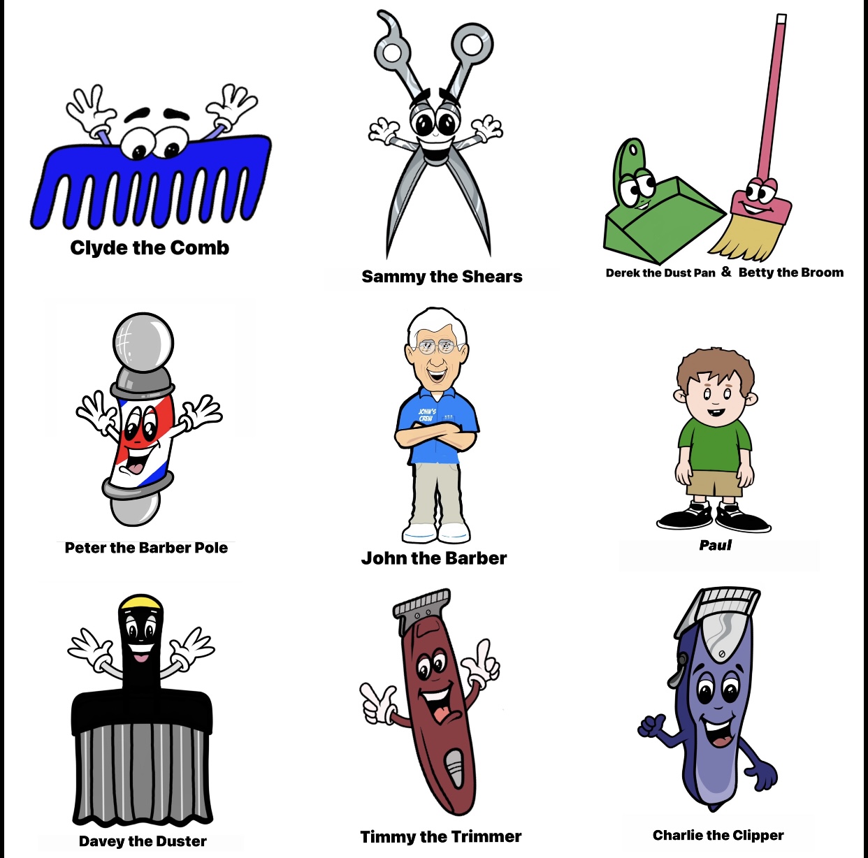 Nine cartoon characters with names, including a comb, scissors, broom, barber pole, elderly man, boy, dustpan, trimmer, and clipper.