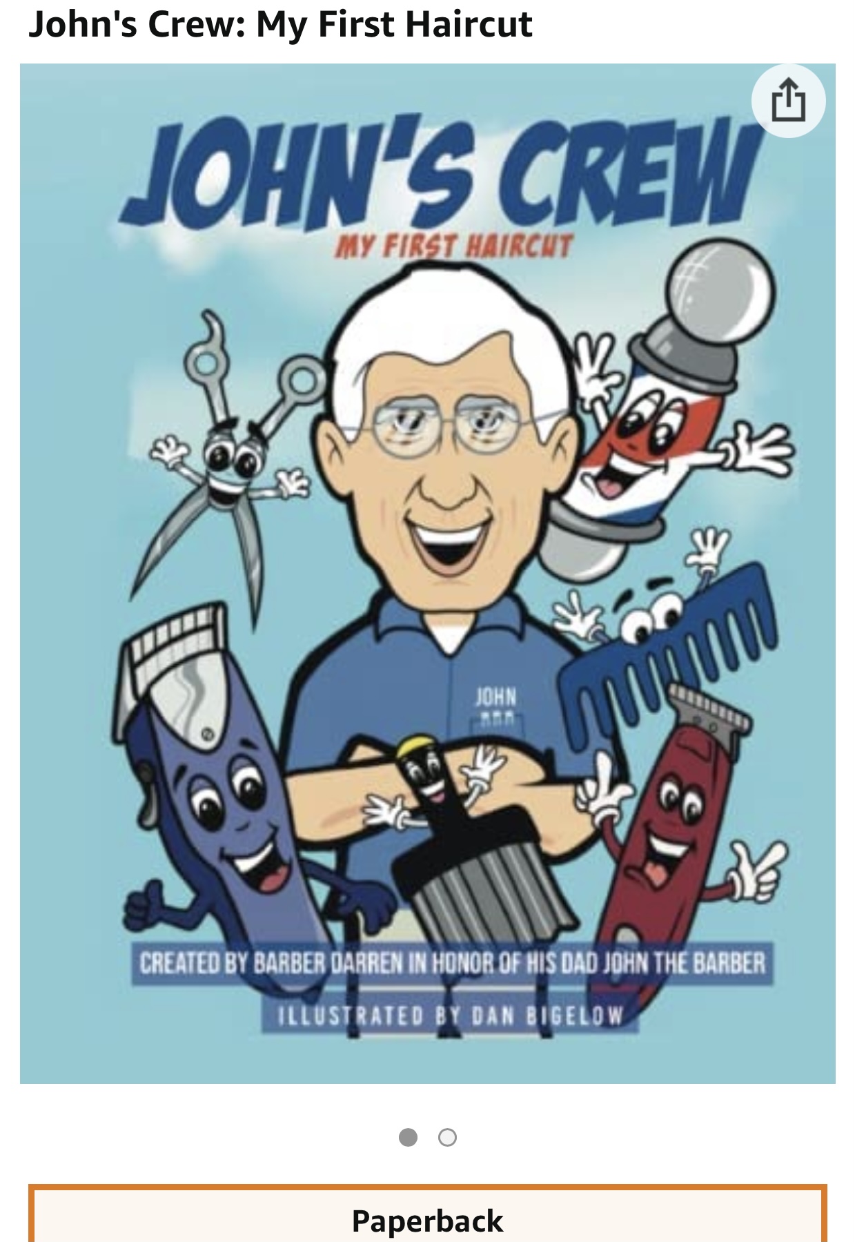 Cartoon illustration of a man with glasses surrounded by animated hair tools and a clown, with text about a haircut.