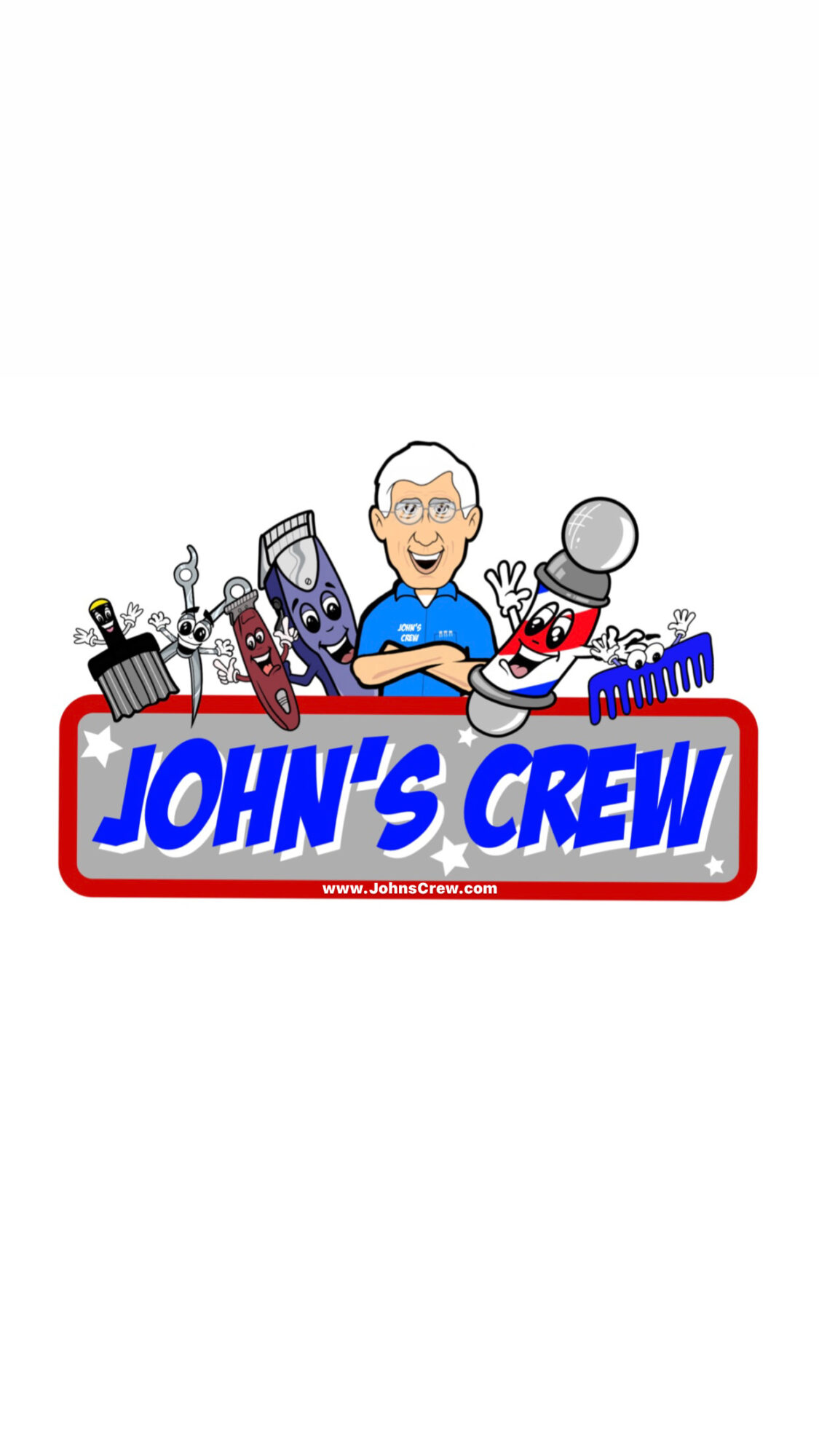 Cartoon image of a smiling person with white hair surrounded by various tools and objects, with a sign reading 'JOHN'S CREW'.