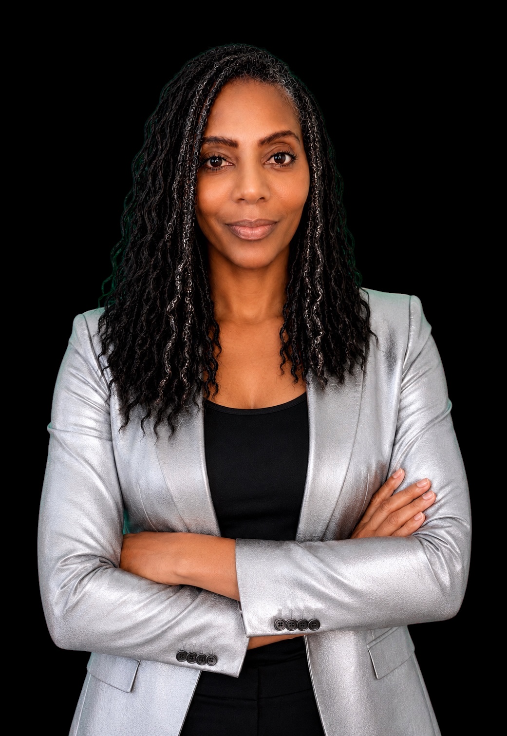 Woman with long curly hair wearing a silver blazer and black top, arms crossed, against a black background.