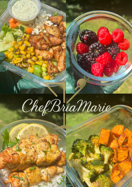 Four images of food: a salad with chicken, berries, grilled chicken with lemon, and roasted vegetables with broccoli and sweet potatoes.