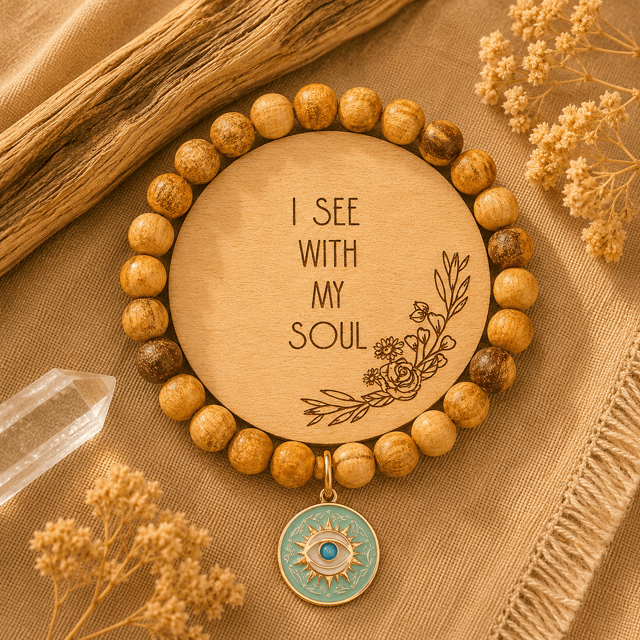 Wooden beaded circle with a round wooden center inscribed with 'I SEE WITH MY SOUL' and floral design, on fabric with dried flowers.